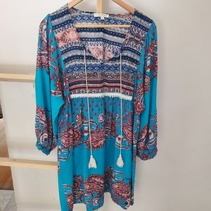 Umgee 1xl blue long tunic floral blouse shirt boho bohemian baby doll